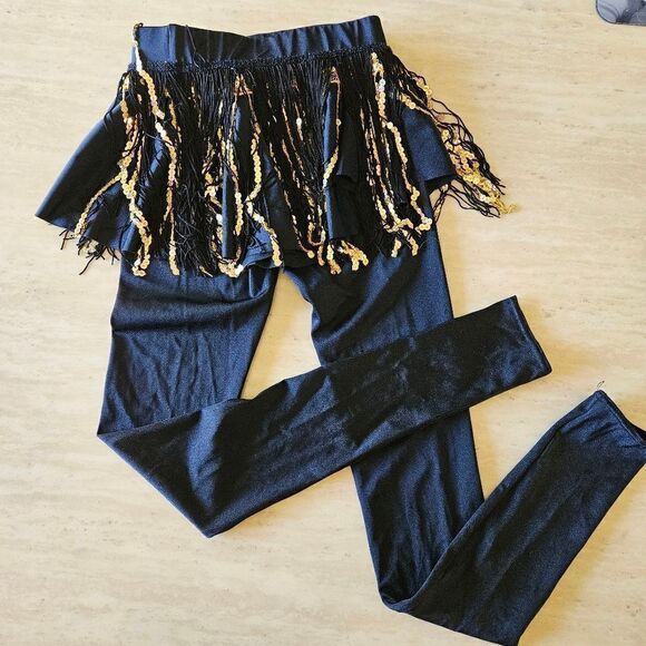 Weissman two piece dance pants with skirt child small NWOT jazz tap black gold - Picture 1 of 6
